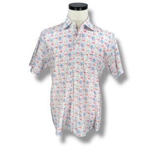 Peter Millar Shirt Men’s Medium Flamingo Seaside Paradise Short Sleeve Button-Up